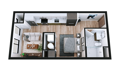 A top-down view of a modern living room with a kitchen area.